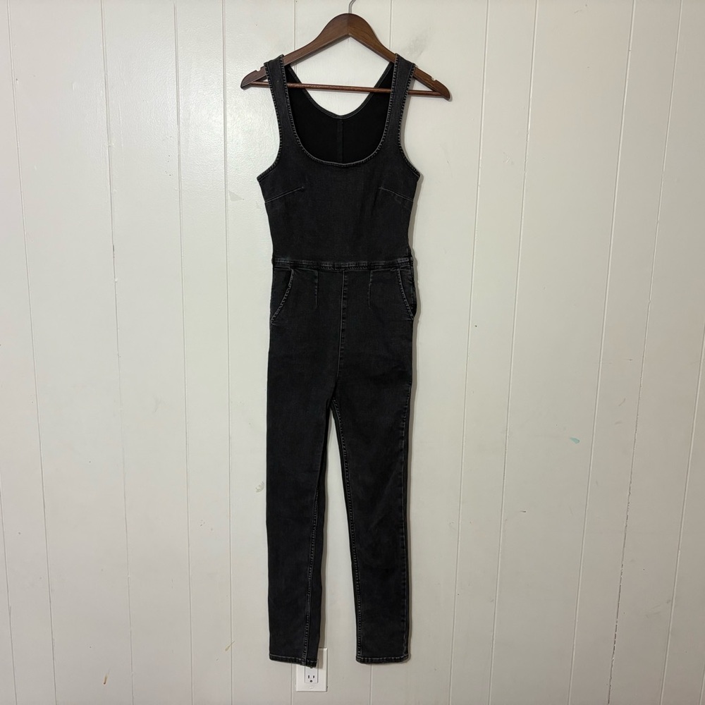 Free People Scarlet Black Denim Jumpsuit Women’s Size 2 Stretch Skinny Ankle Zip - Picture 3 of 12